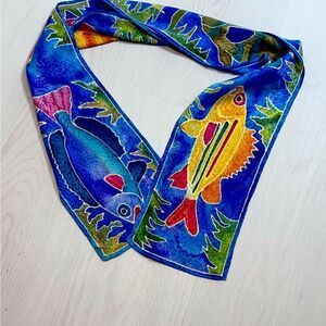 Vintage artist  hand painted tropical fish silk scarf bright colors 7” x 53”